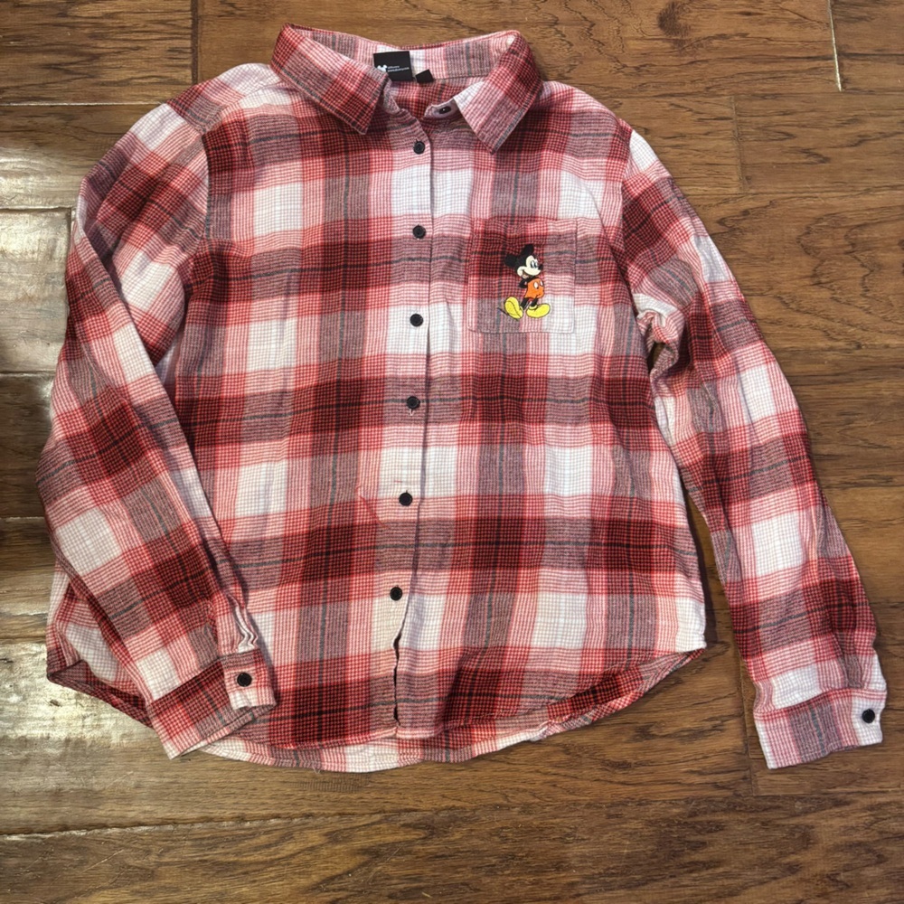 Disney Mickey Mouse Red Plaid Flannel Shirt XL 100%cotton